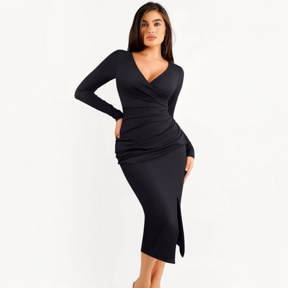 Popilush Shapewear Ruched Faux Wrap Midi Dress Black Size S Long Sleeve Bodycon